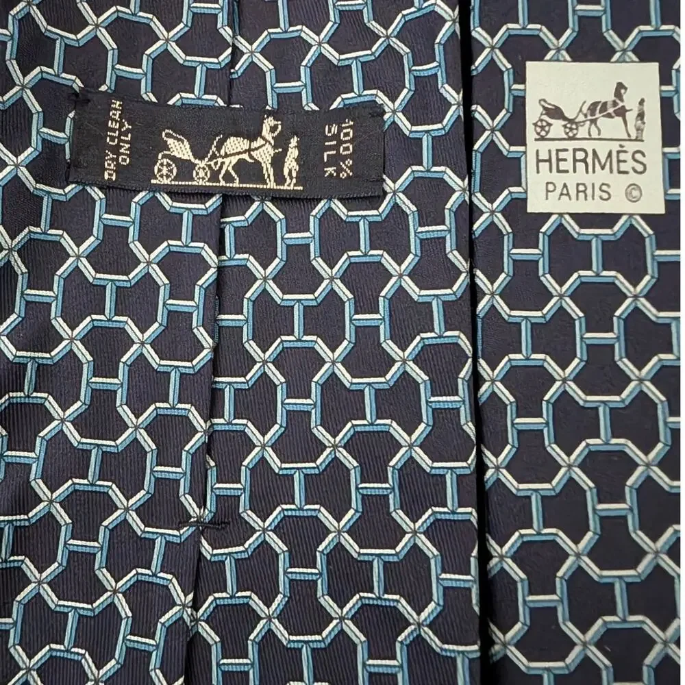 Vintage Hermès 100% Silk Men's Blue Tie With White & Blue Geometric Designs
